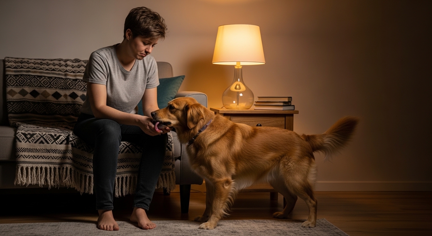 owner looking exasperated at dog licking feet on sofa