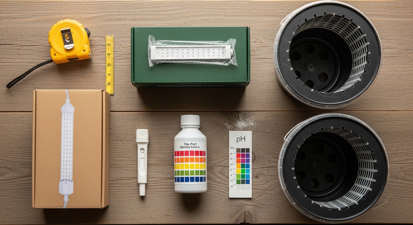 Overhead flat-lay of hydroponic setup supplies on wooden shelf
