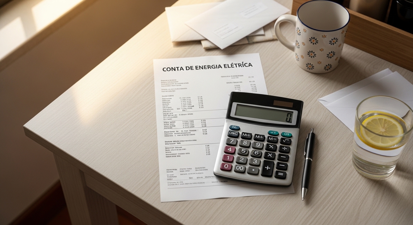 Conta de energia elétrica sobre mesa de cozinha