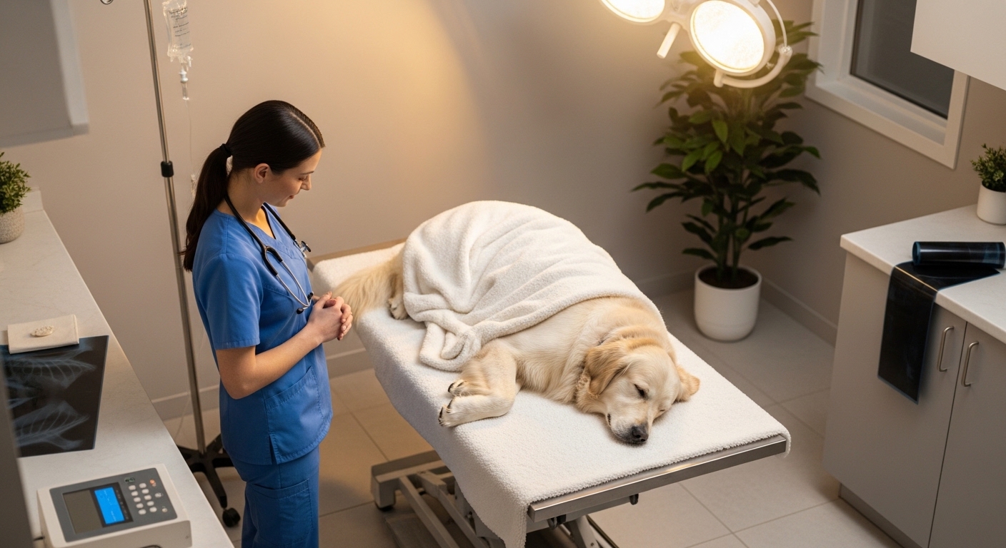 Vétérinaire observant un chien endormi en consultation