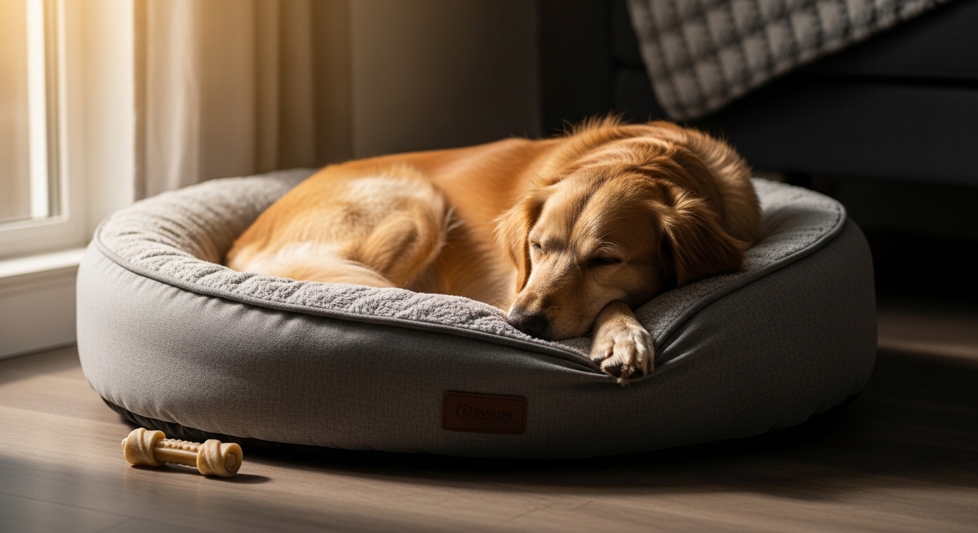 Chien endormi paisiblement dans son panier