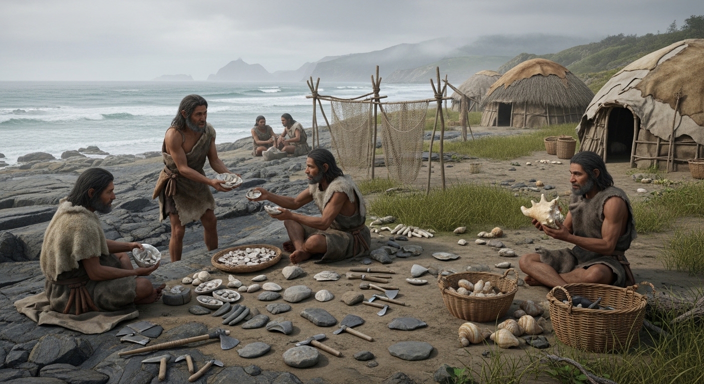 Ancestrais pré-históricos trocando materiais em litoral rochoso