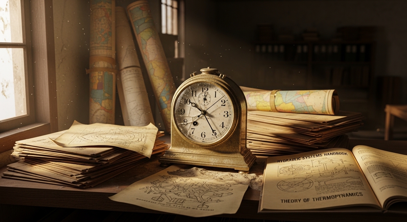 Stopped clock surrounded by outdated documents on dusty shelf