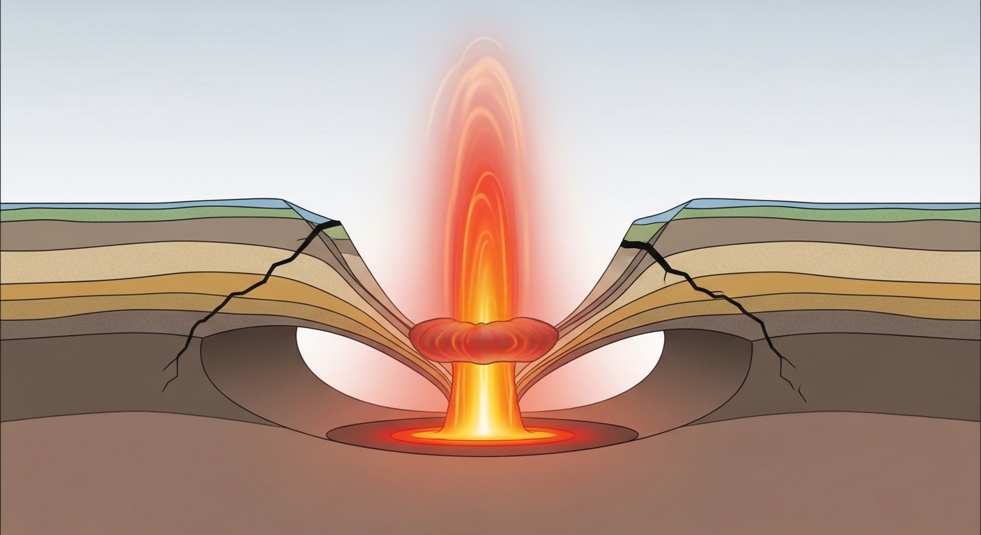 Ilustrasi penampang mantle plume membelah kerak bumi