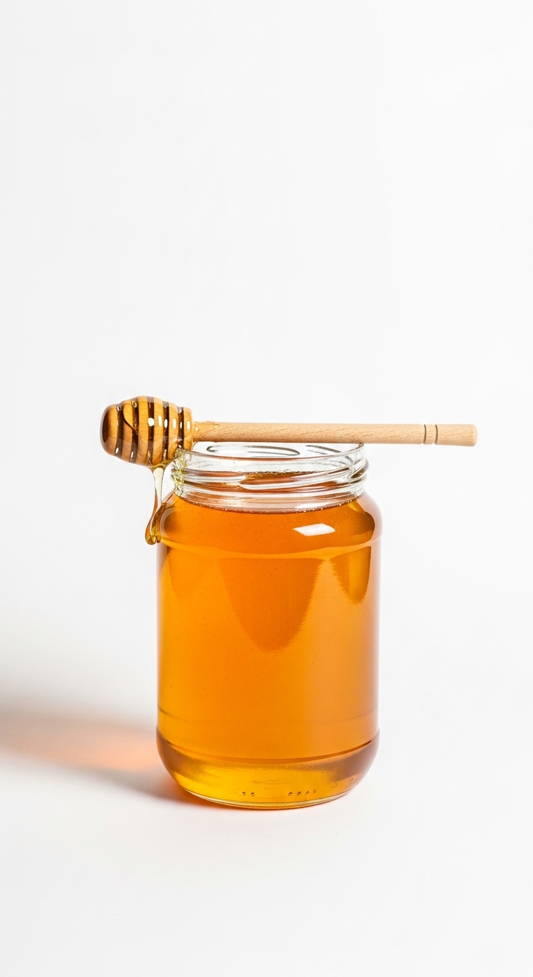 Pot de miel avec cuillère en bois, fond blanc