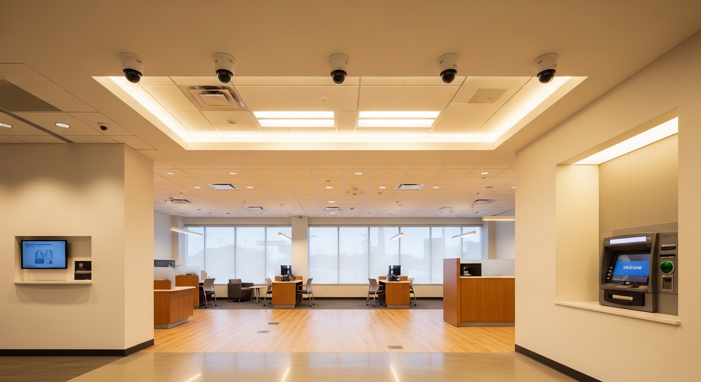 Interior de sucursal bancaria con cajero automático seguro