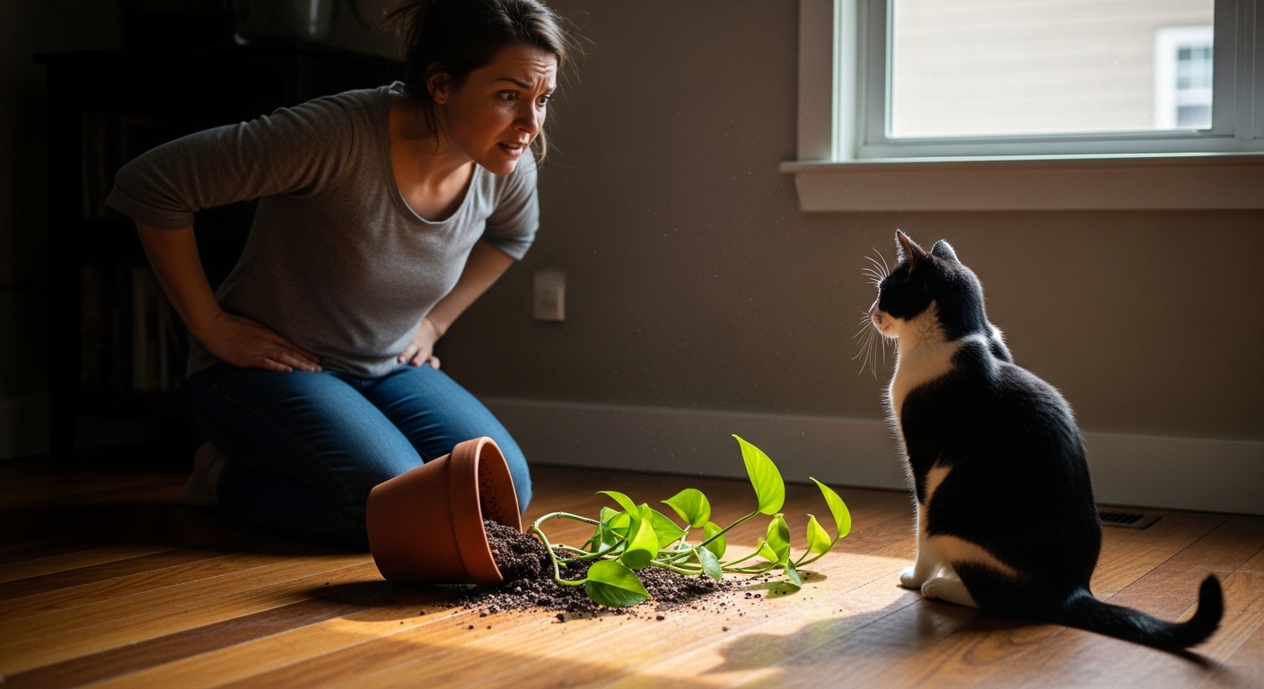 owner looking at knocked-over plant pot with cat nearby