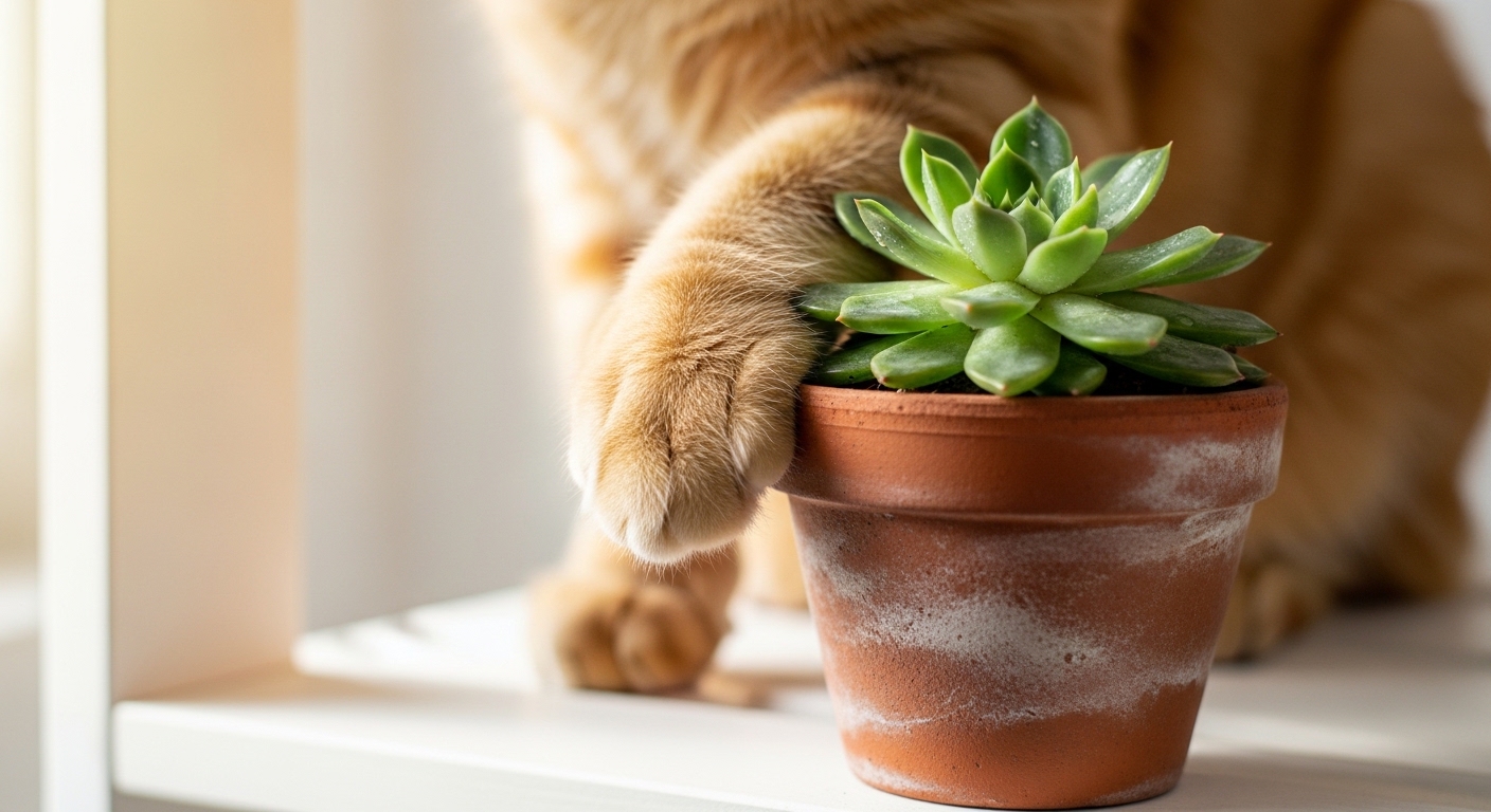 orange cat paw pressing against small succulent pot on shelf