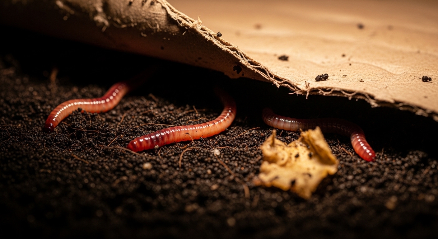 Red wiggler worms in dark moist castings inside a worm bin