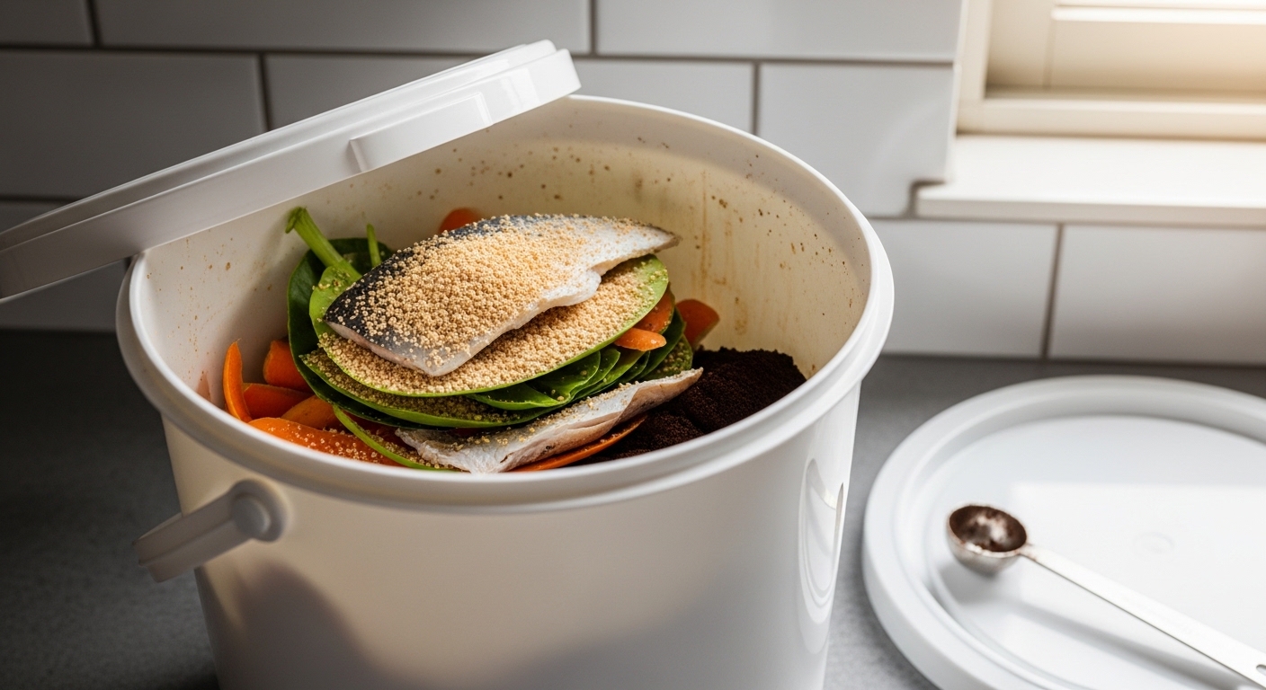 Open bokashi bucket showing layered food scraps and bran on kitchen counter