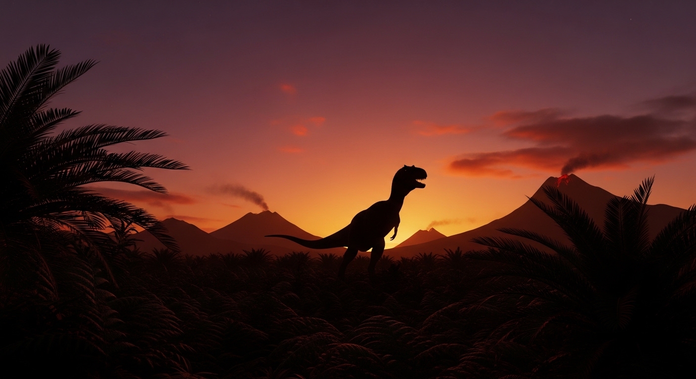 T-Rex em paisagem do Cretáceo ao entardecer