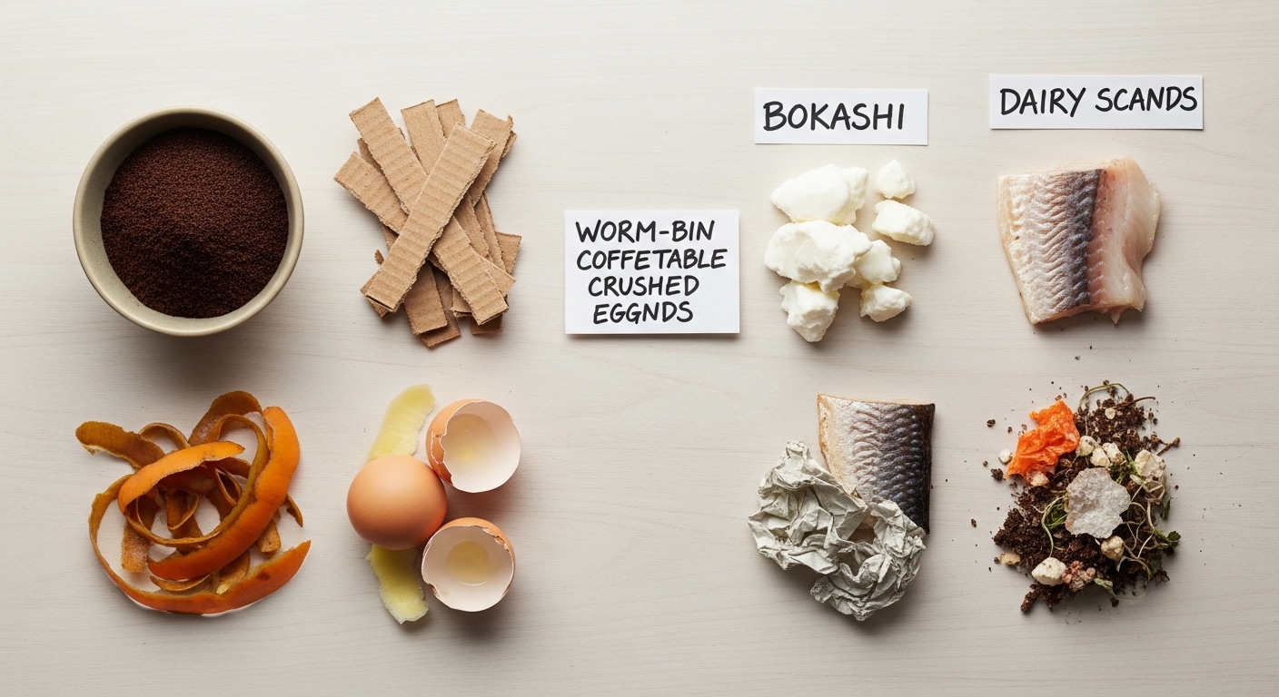 Flat lay comparing worm bin and bokashi compostable materials