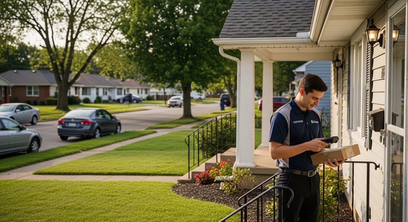 Delivery driver scanning package at suburban doorstep