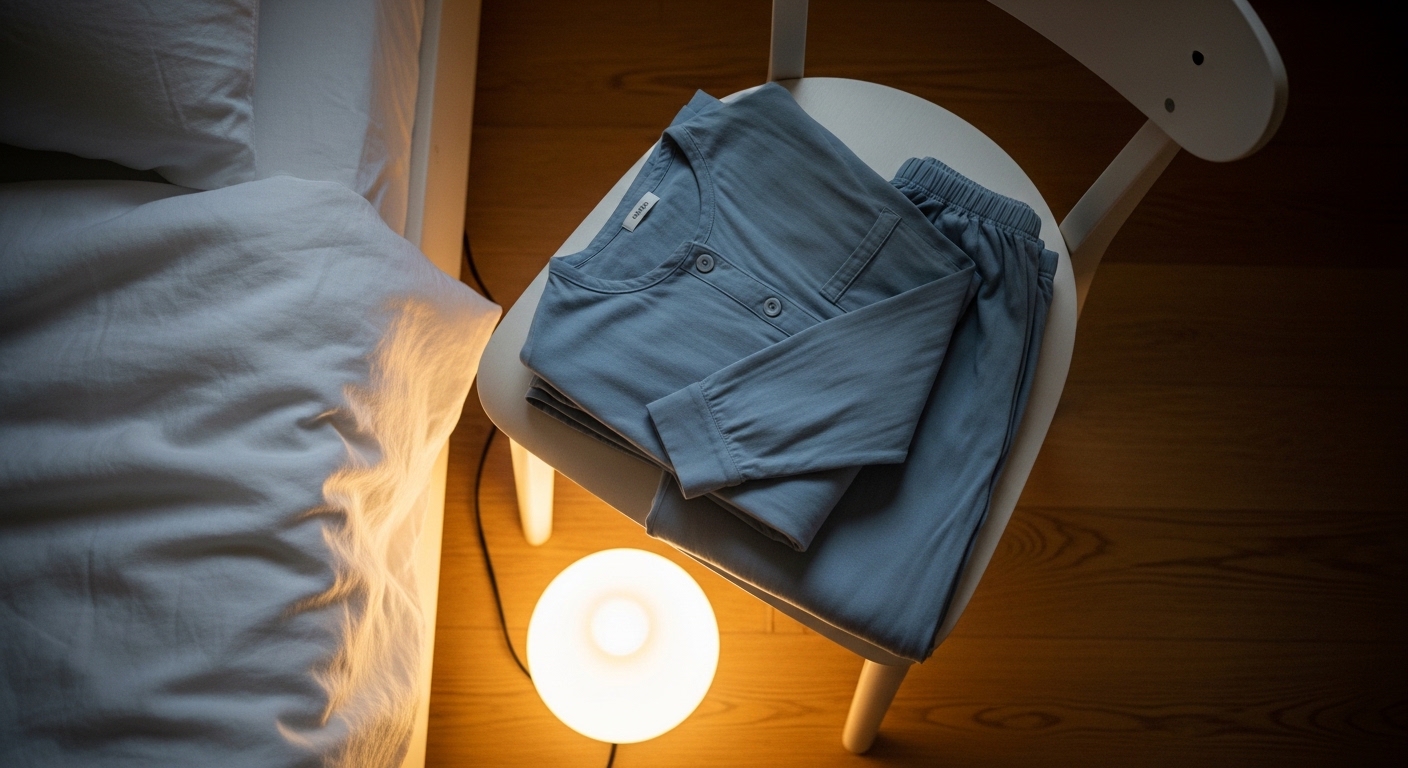 Pijama dobrado sobre cadeira ao lado da cama