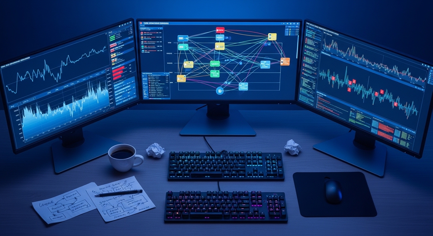 Overhead view of AI monitoring workstation with performance graphs