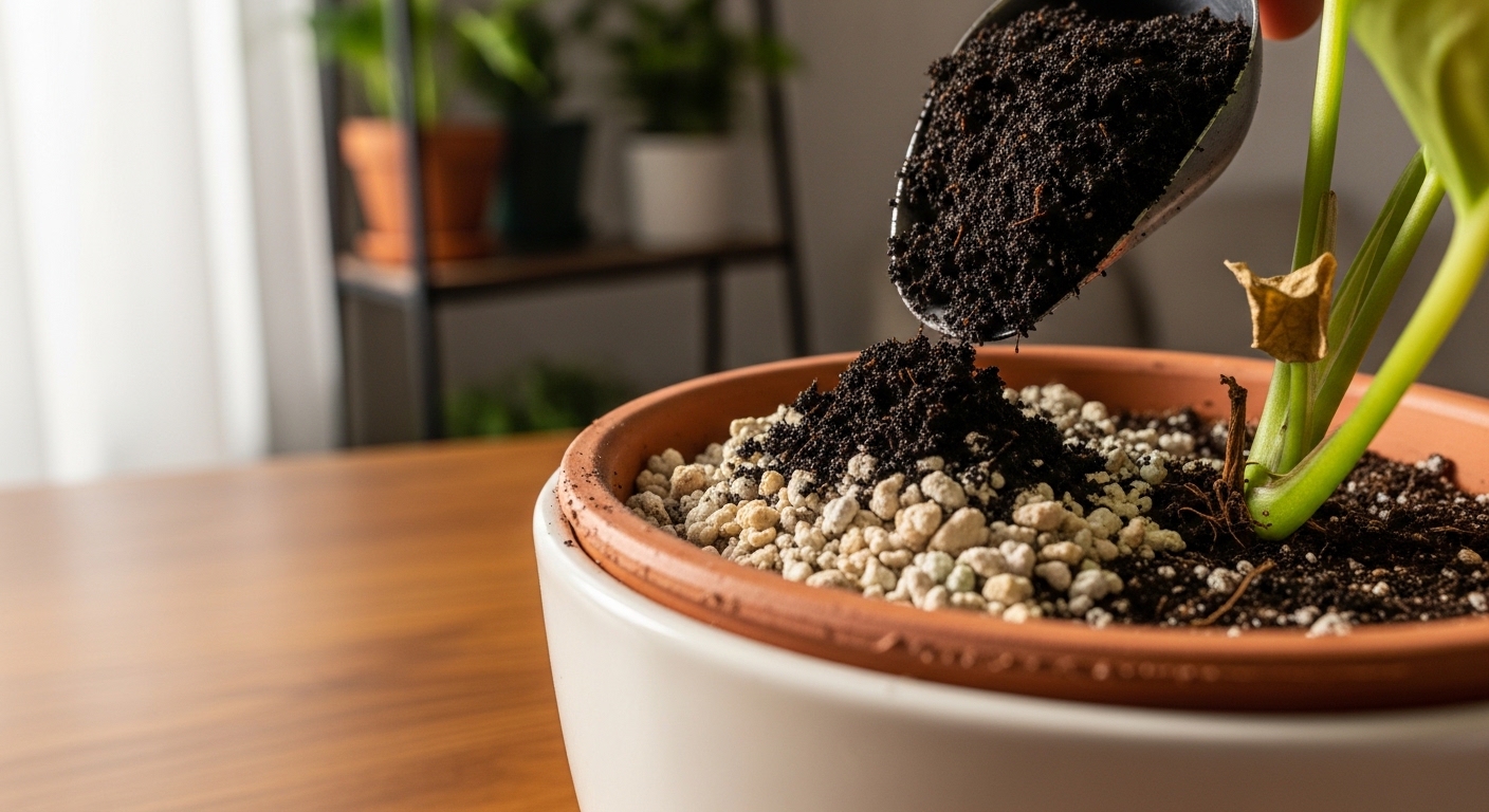 Worm castings being added to potting soil while repotting a houseplant