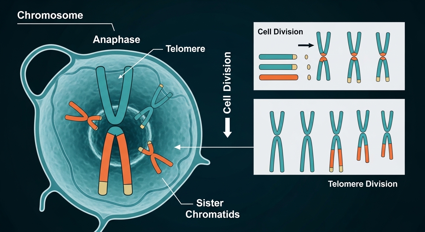 Sơ đồ quá trình rút ngắn telomere khi tế bào phân chia