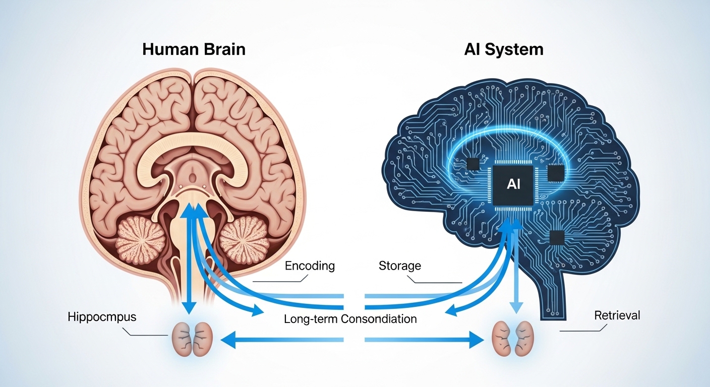 Comparison diagram of human brain and AI memory systems
