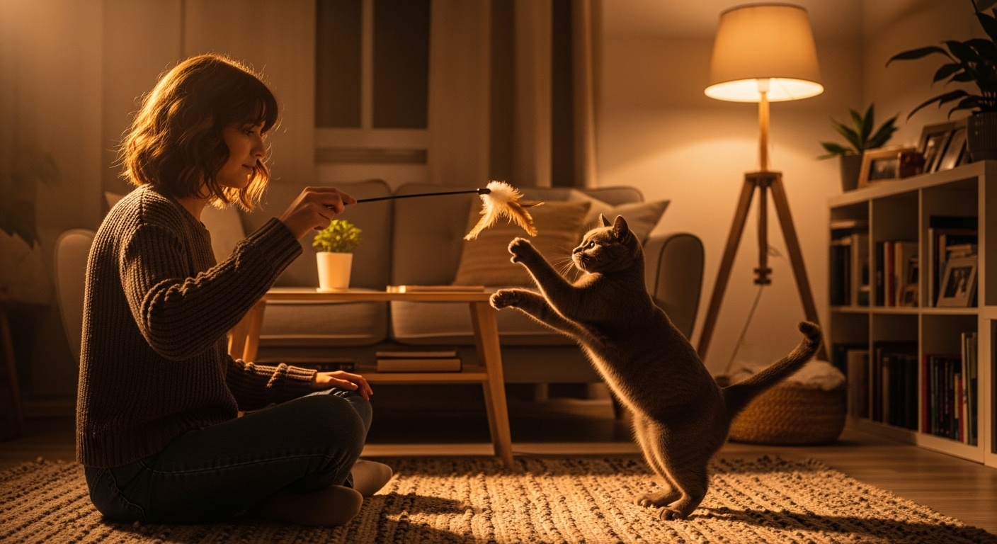 woman playing with gray cat using feather wand toy indoors