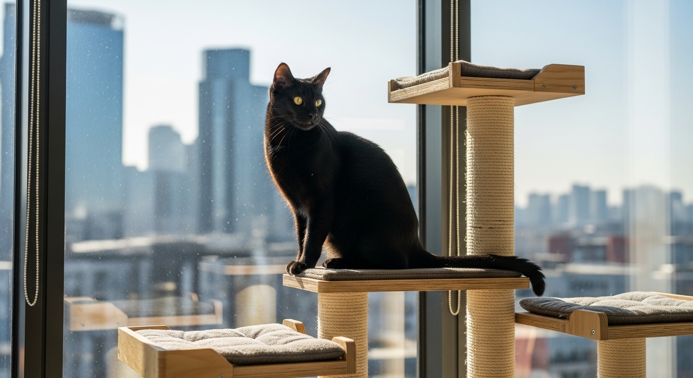 black cat sitting on tall cat tree by sunny window