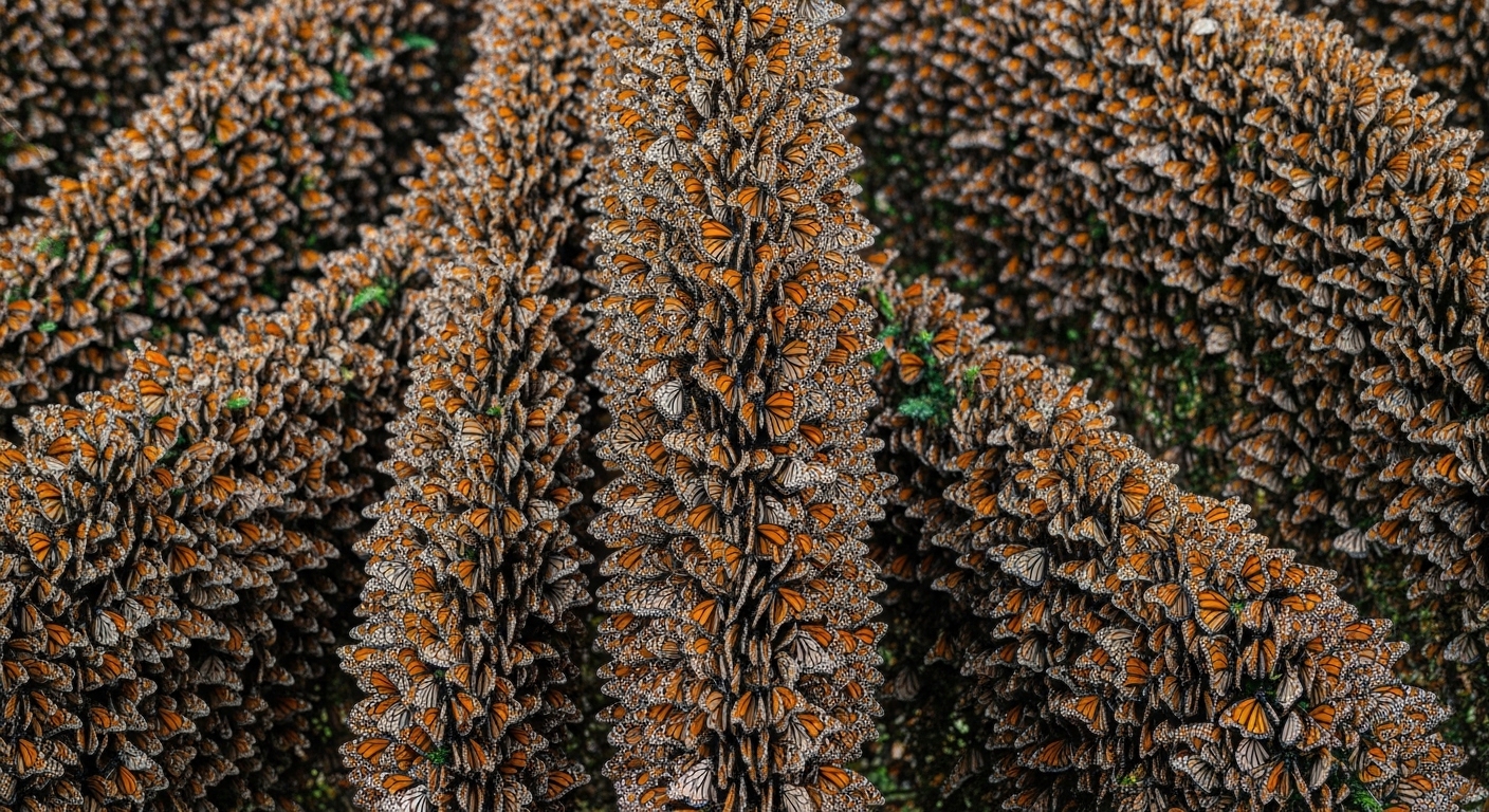 Monarch butterflies clustered on fir tree branches