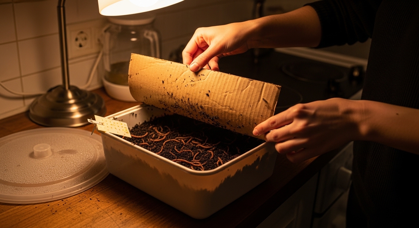 Hands checking worm bin contents under damp cardboard cover