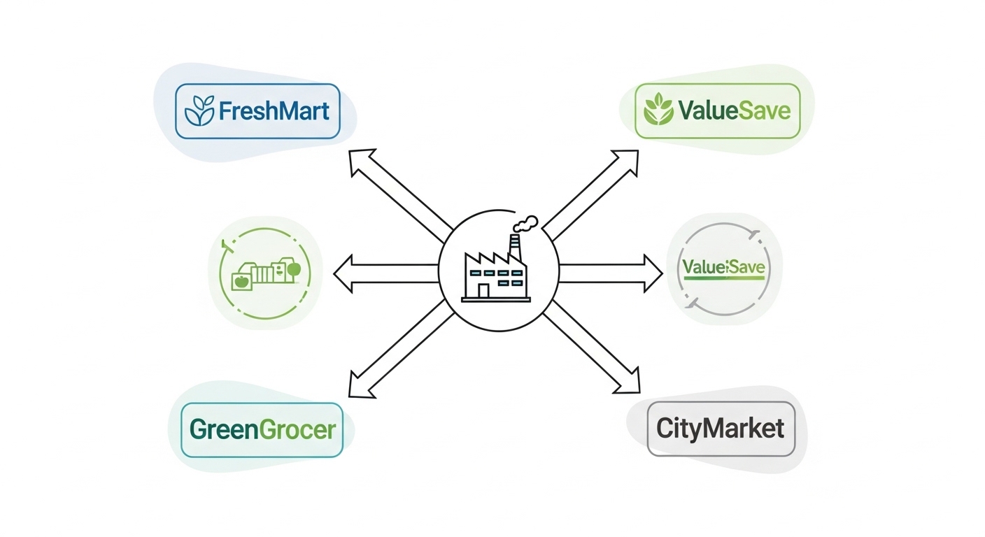 Supply chain diagram from factory to multiple store brands