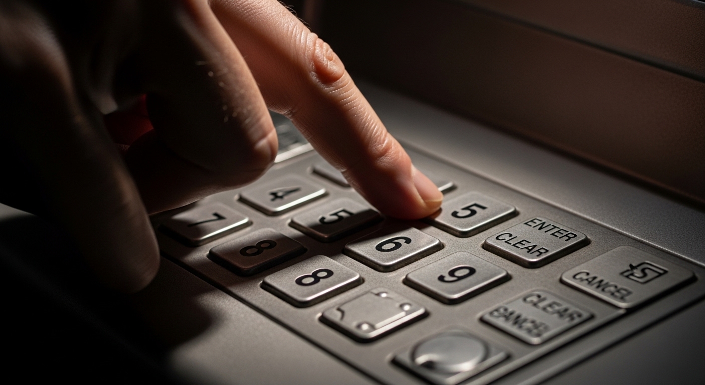 Mano cubriendo teclado de cajero automático