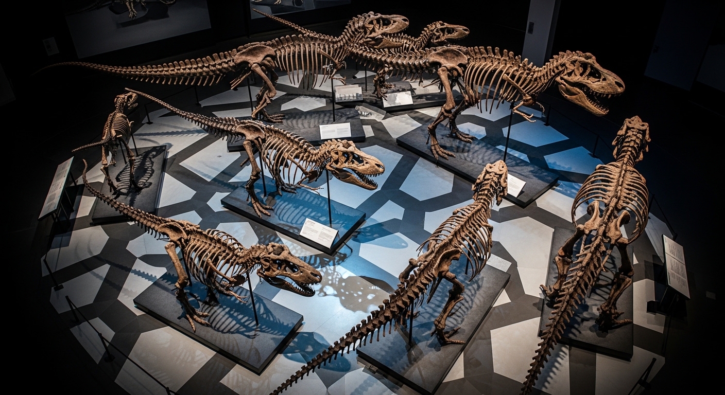 Vista aérea de fósseis de T-Rex em museu