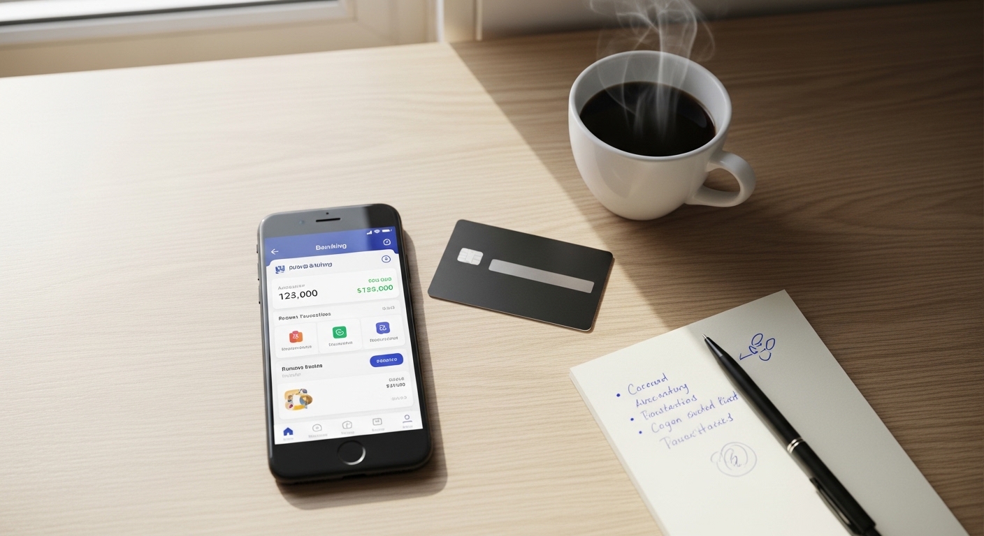 Overhead view of banking app and physical card