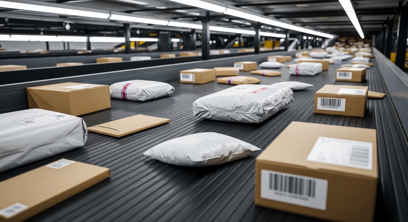 Parcels moving along a sorting facility conveyor