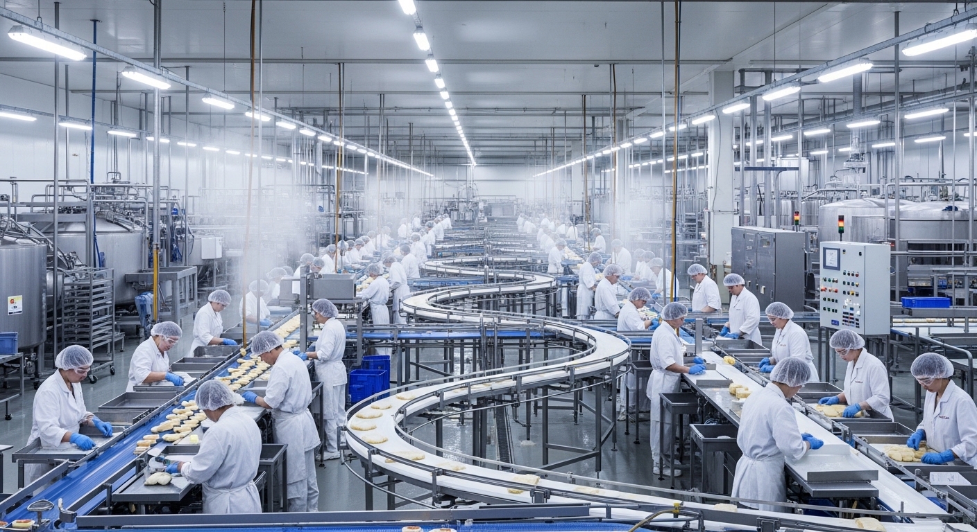 Food factory production line with workers
