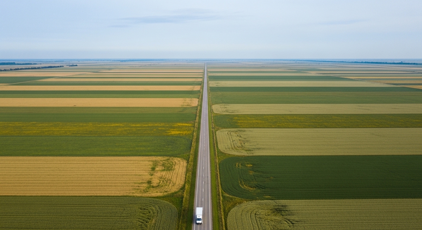 Lone delivery van on a rural road from above