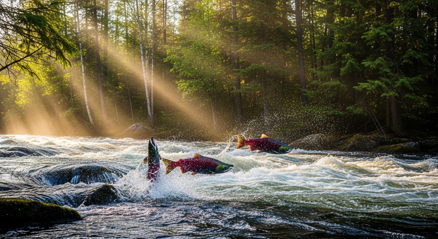 Salmon leaping upstream through river rapids