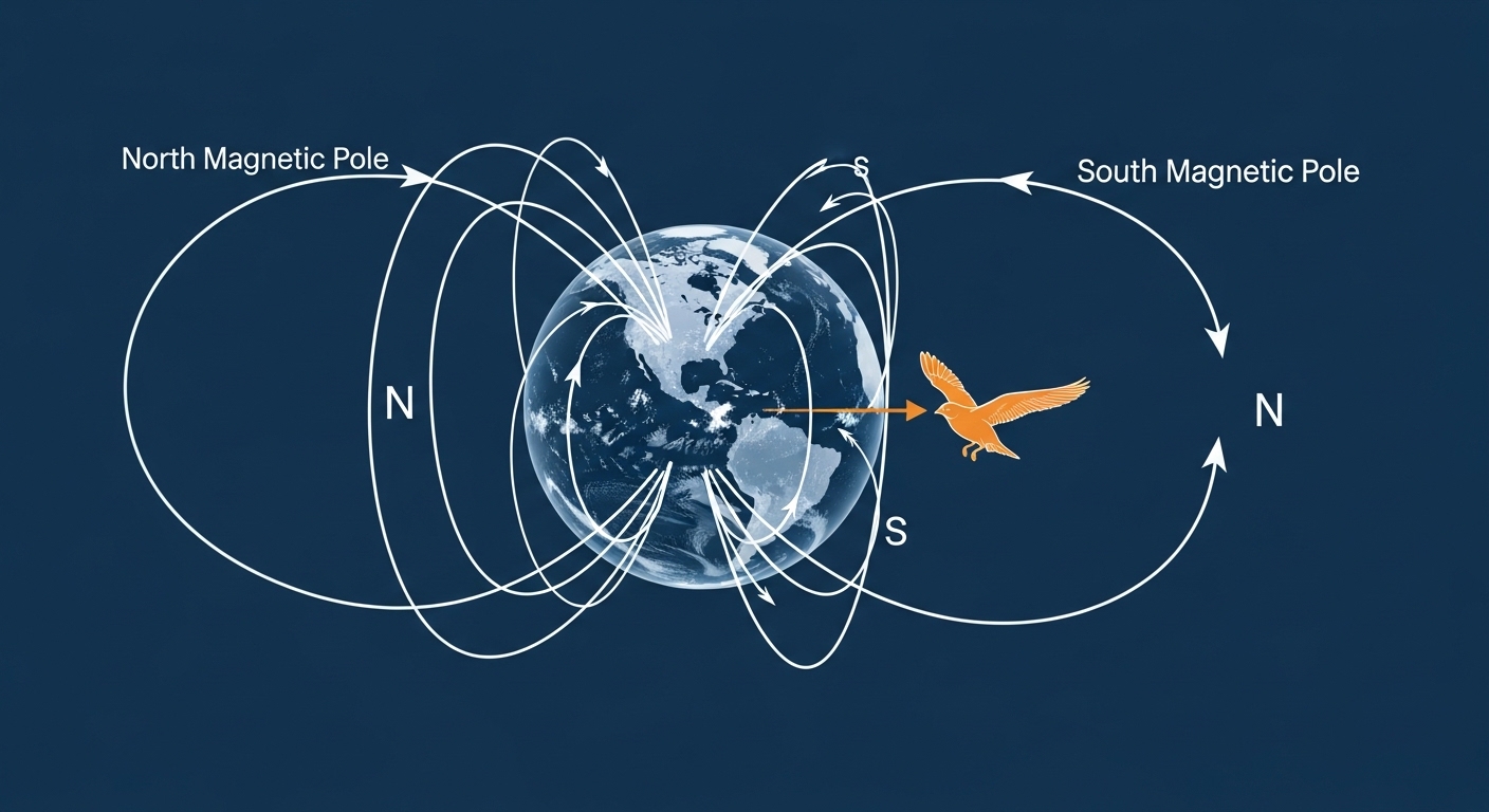 Earth magnetic field lines with migratory bird diagram
