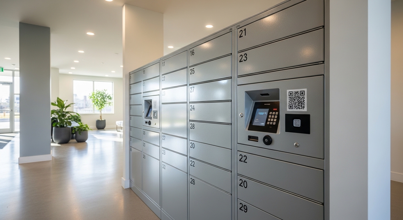 Package locker station in apartment building lobby