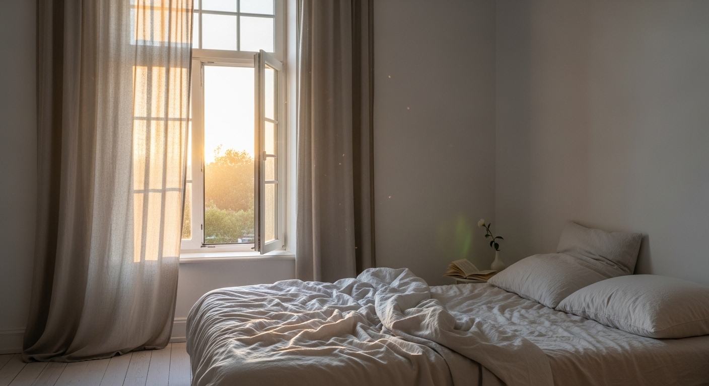 Quarto arejado ao amanhecer com janela aberta