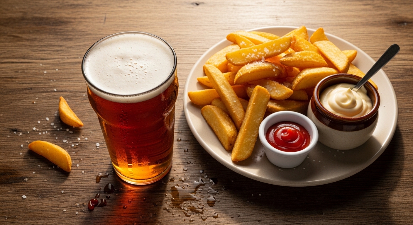 British pub table with pint and chips overhead view