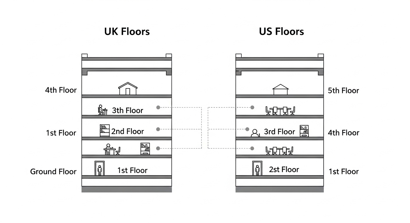 Diagram comparing UK and US floor numbering systems