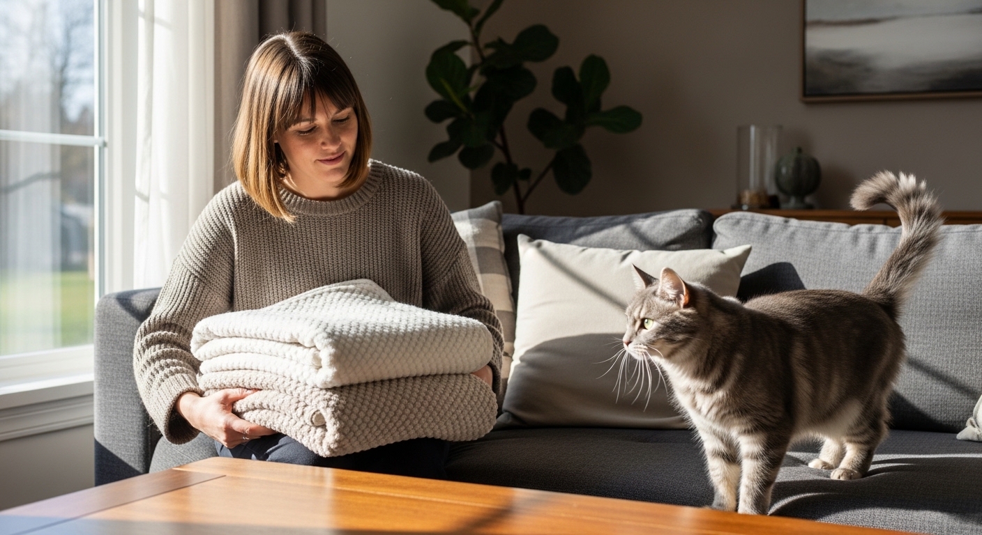 cat owner placing fleece blanket on lap for kneading cat