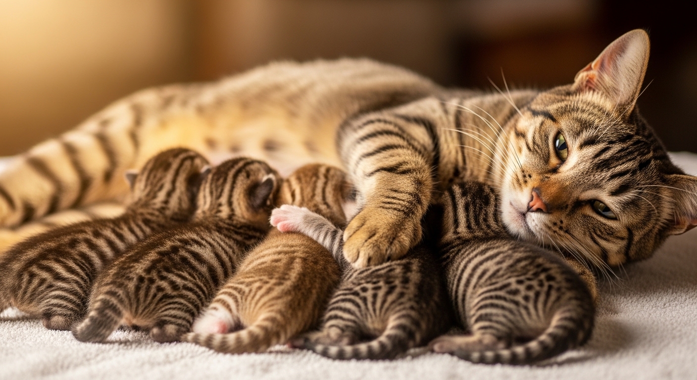 newborn kittens nursing from a mother cat on white towel