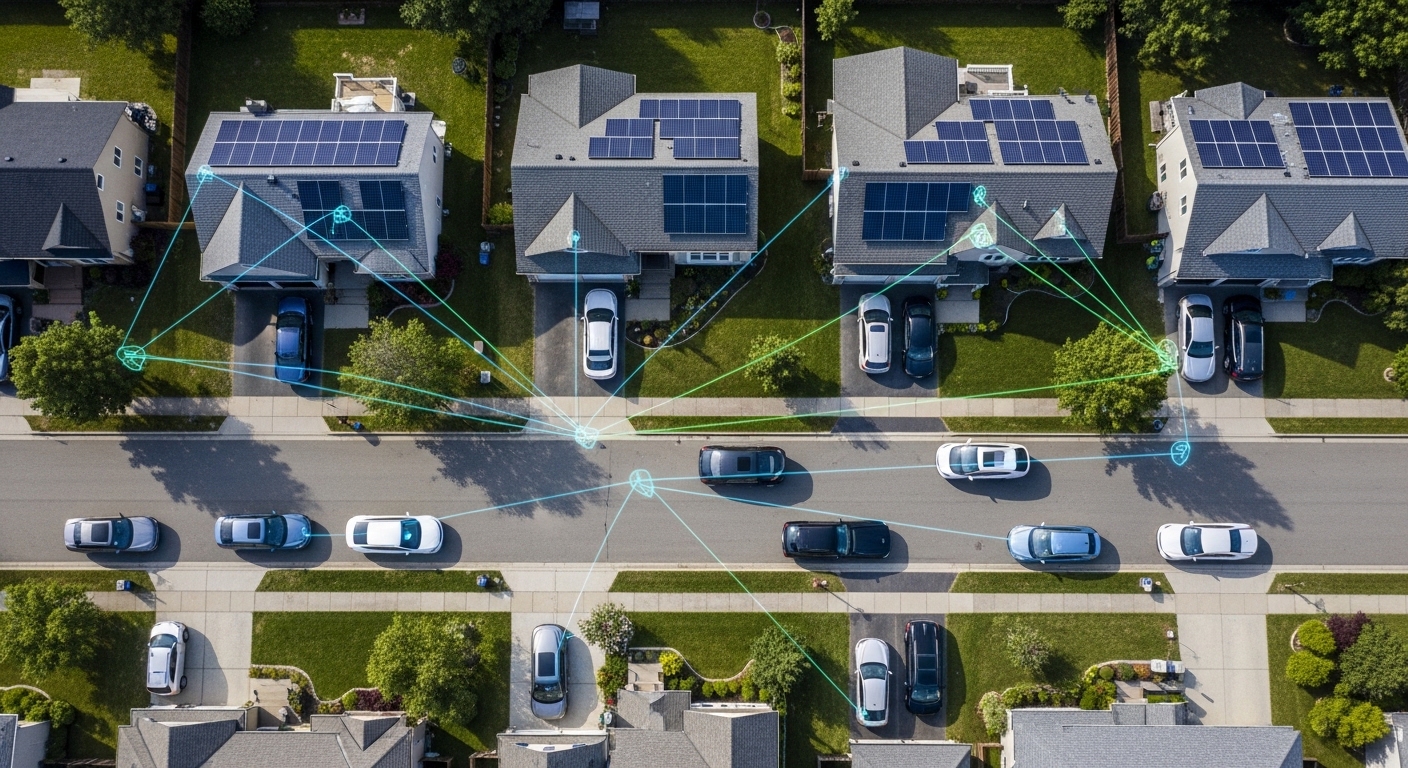 Overhead view of neighborhood smart grid with EVs