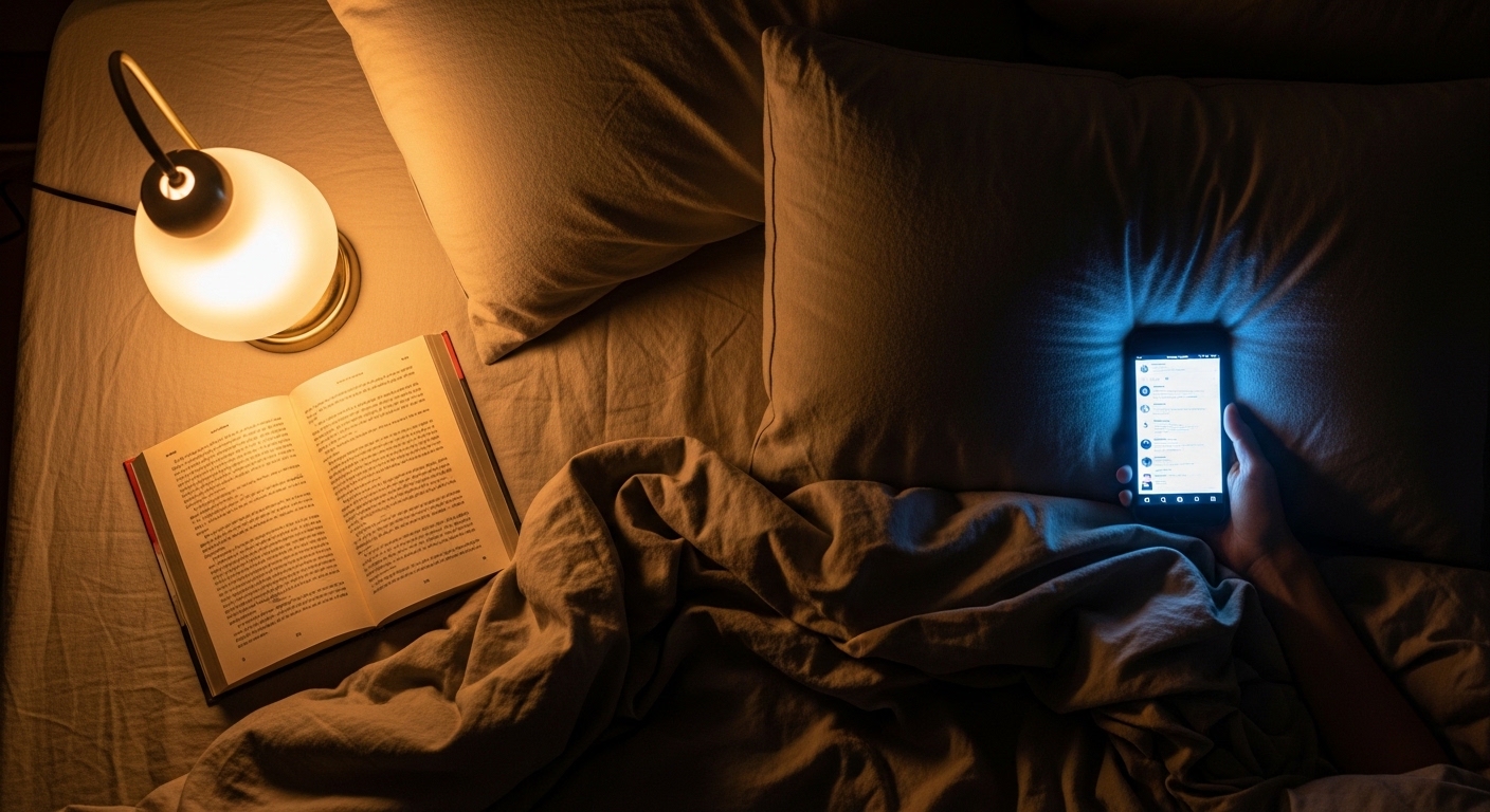 Overhead view of bedroom with phone screen vs dim lamp