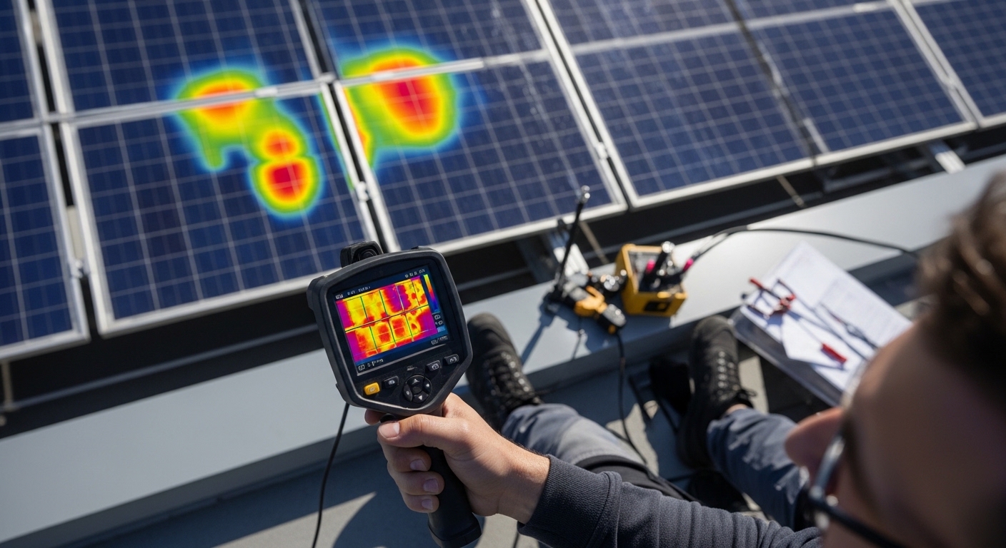 Technicien effectuant une inspection thermique de panneaux solaires
