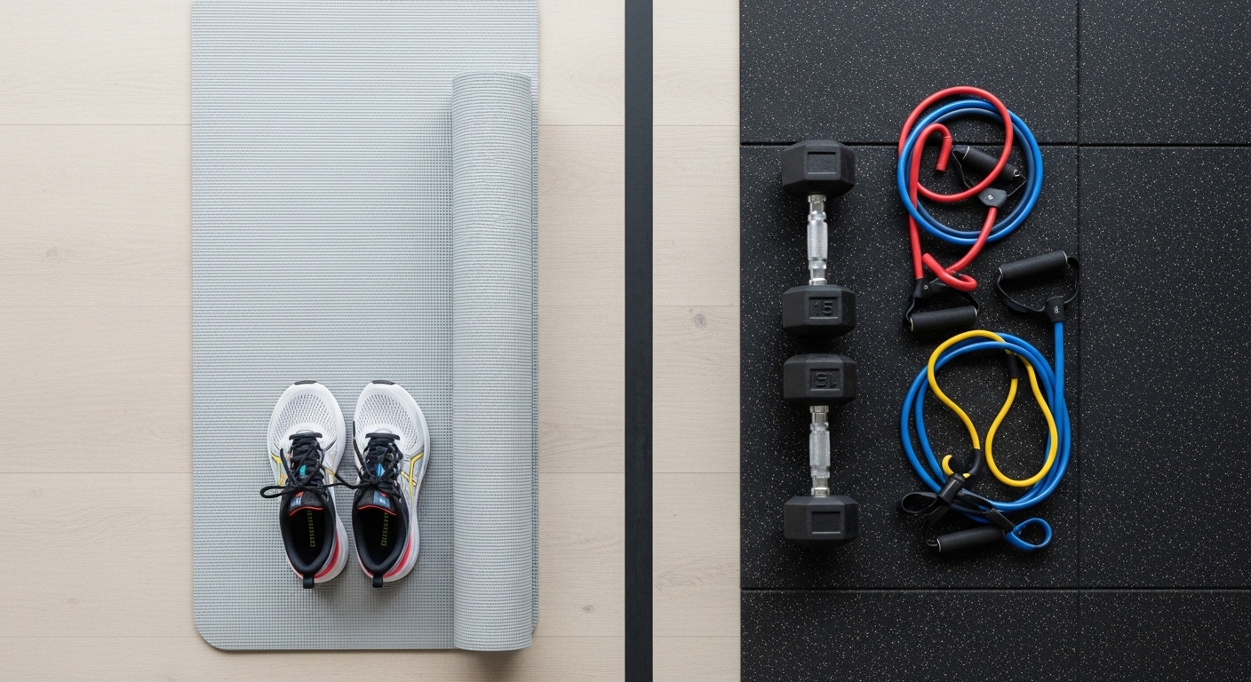 Overhead view of cardio and strength training equipment arranged on gym floor