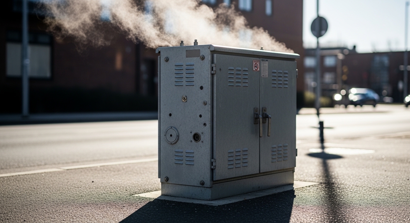 Armoire télécoms métallique surchauffée en plein soleil