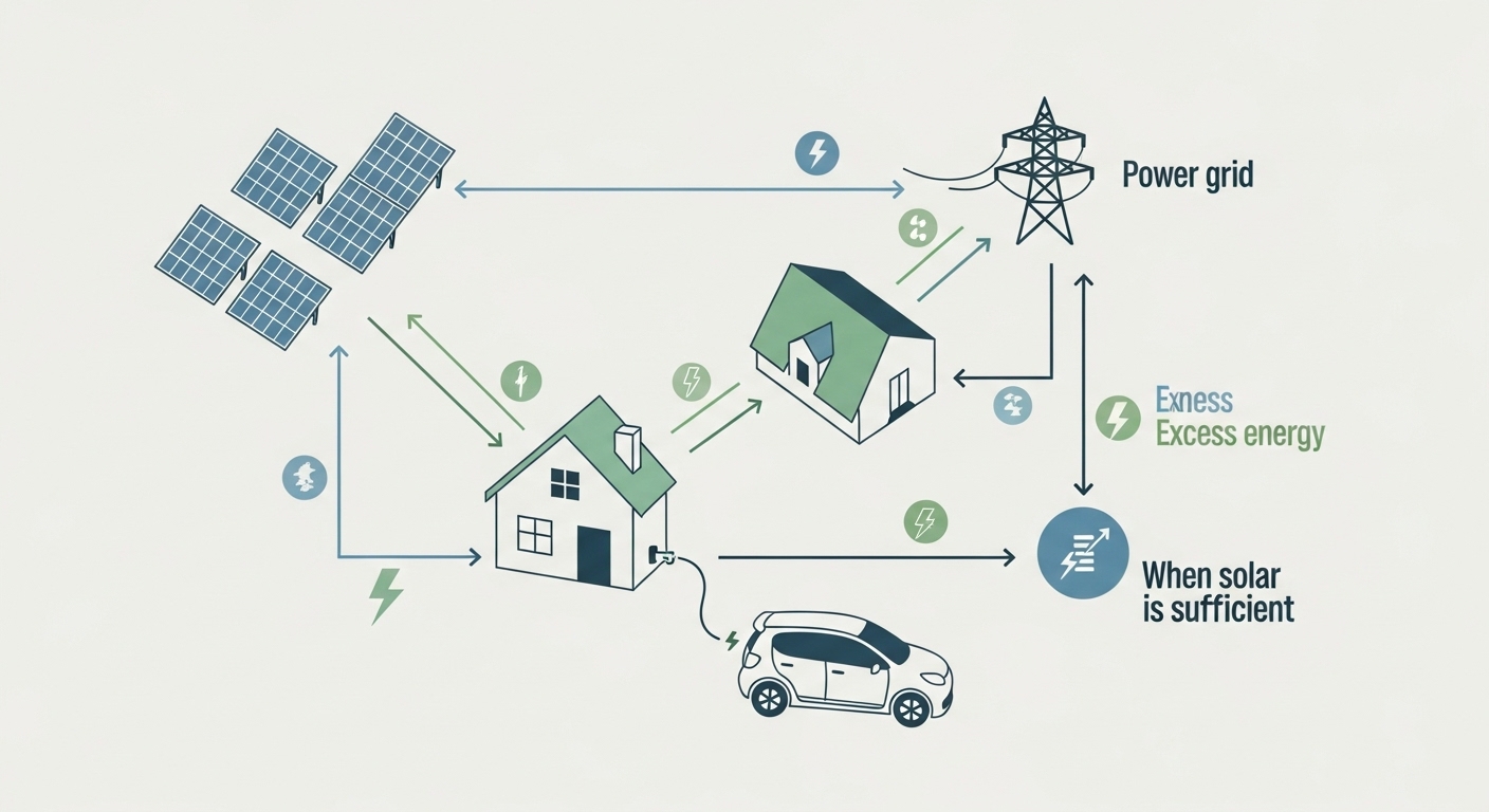 Diagram of bidirectional energy flow between home, car, and grid