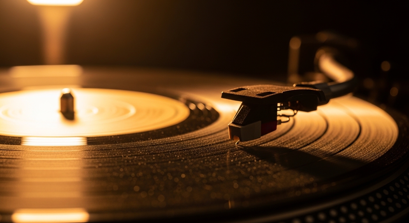 Agulha de toca-discos sobre vinil girando