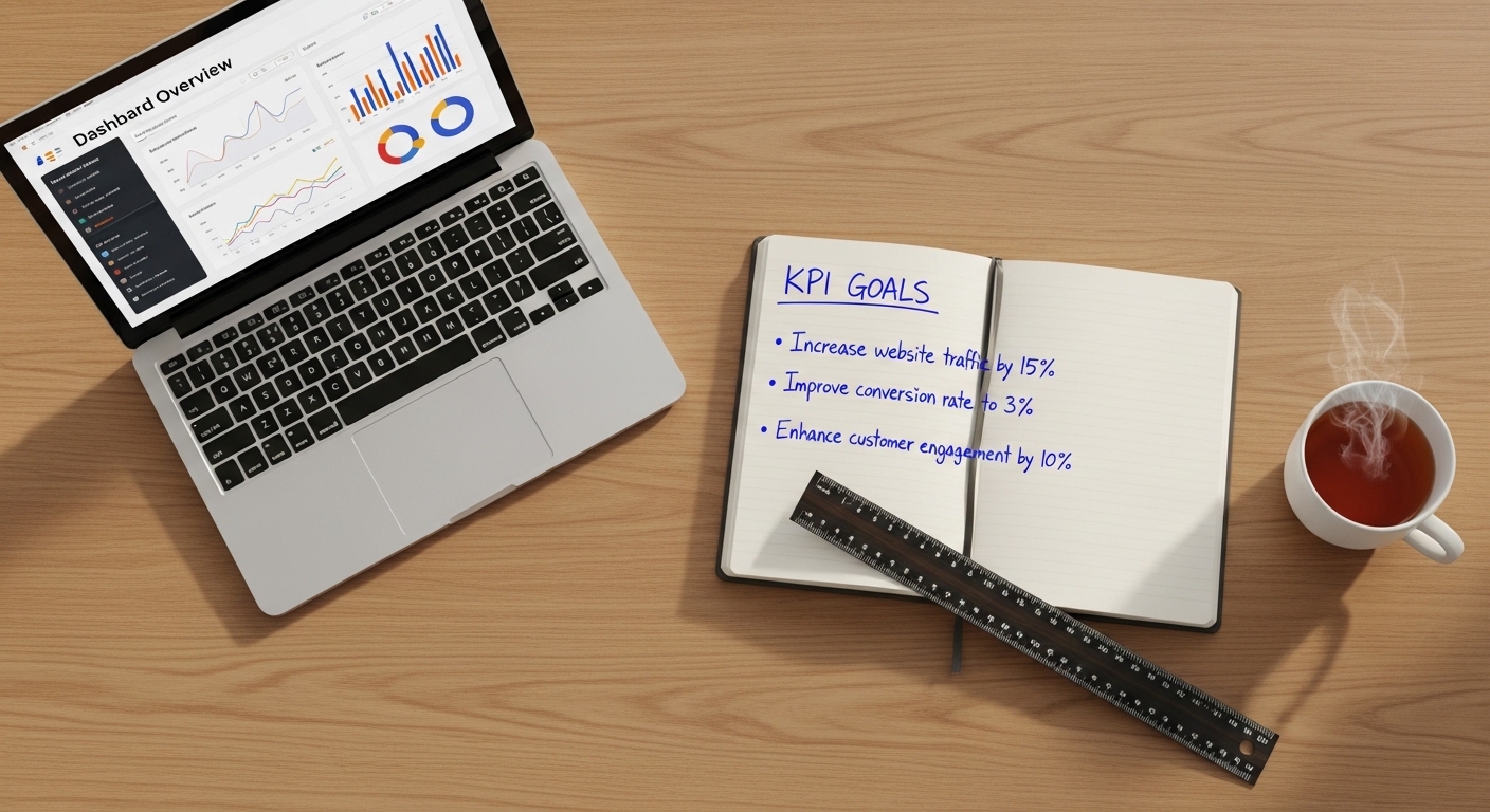 Overhead view of KPI tracking tools on a desk