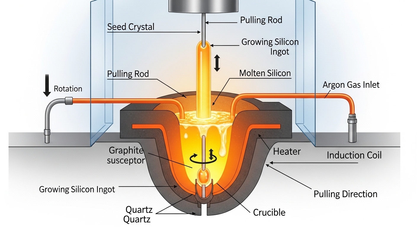 Czochralski silicon crystal growth process diagram